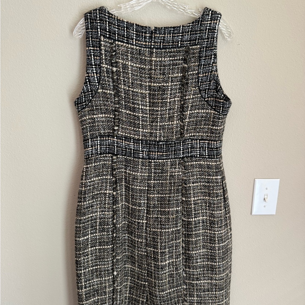 J. Crew Wool Woven Eyelash Fringe Trim Lined Pepper Tweed Midi Dress size 12 - Picture 8 of 9